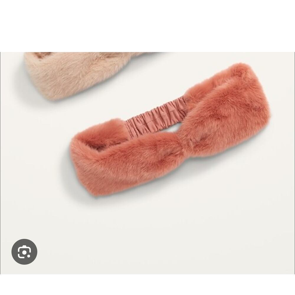 Old Navy Faux Fur Bow Stretch Headwrap Cozy Headband‎ Coral Girls OS EUC